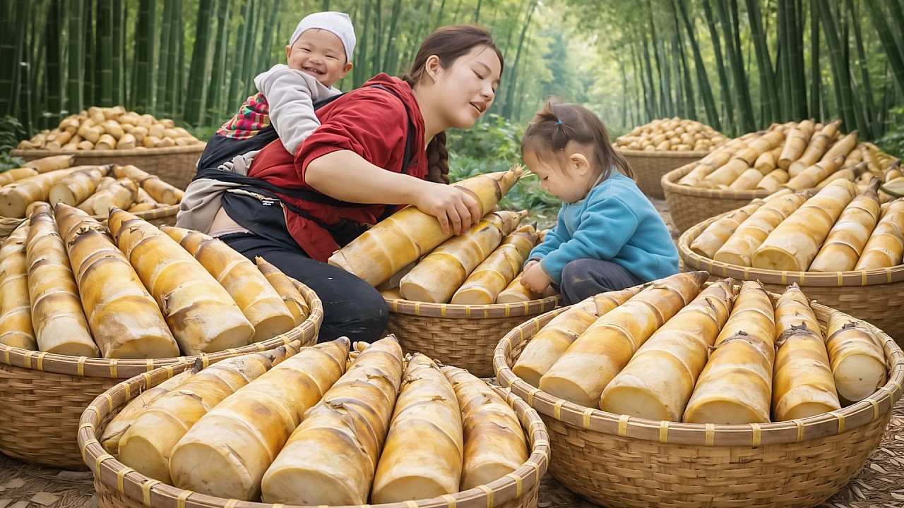Harvest bamboo shoots with my two children to sell at the market - Chuc Thi Dương