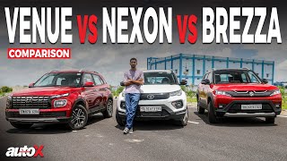 Hyundai Venue vs Tata Nexon vs Maruti Brezza | 2022 Petrol Compact SUV Comparison Review | autoX