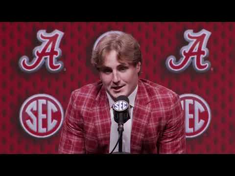 Alabama's Bray Hubbard speaks with reporters at SEC Media Days in Tampa