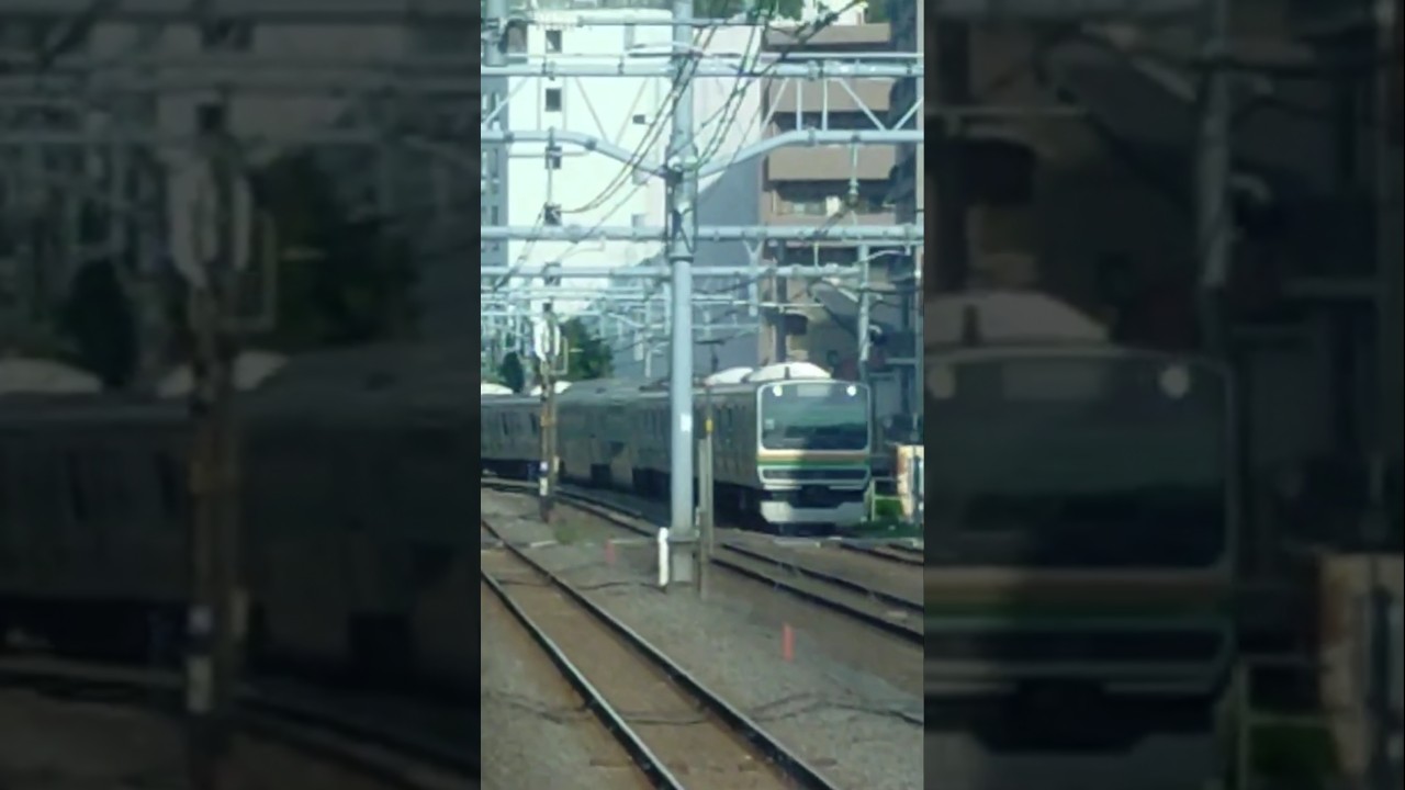 横須賀線上り列車内からの、東海道本線下り列車通過展望