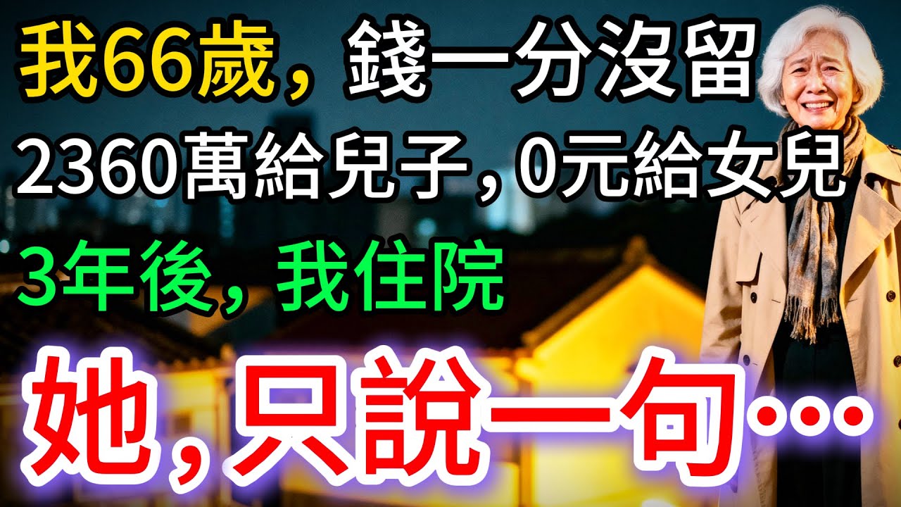 我66歲，2360萬全給兒子，0元給女兒，3年後我住院，她，只回一句話…