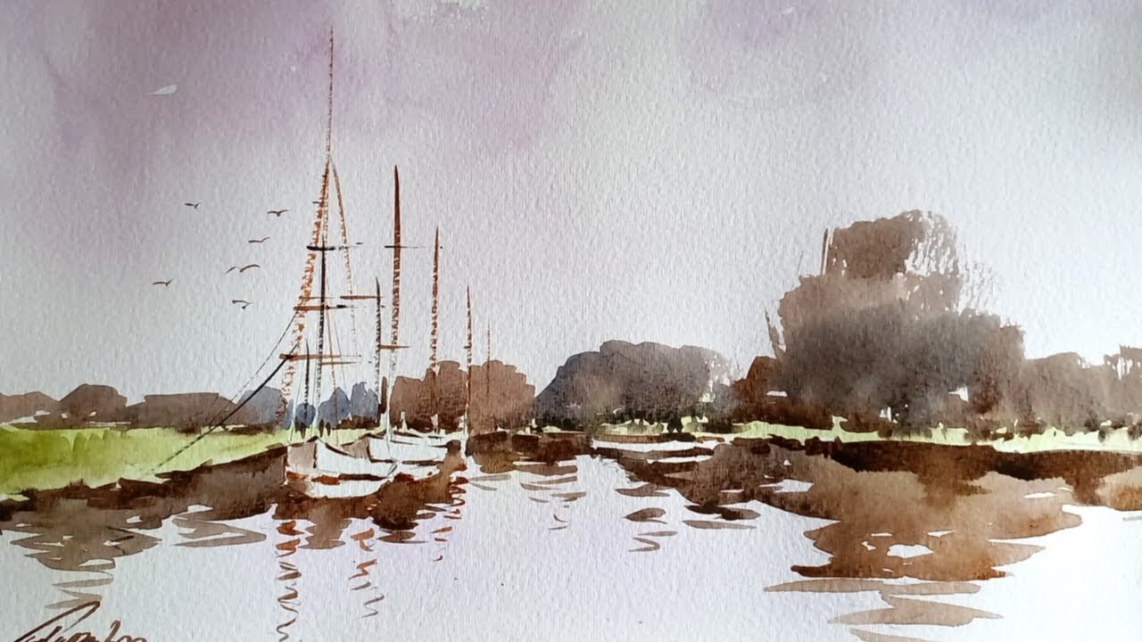 How to paint boat reflaction with beautiful Watercolor scenery.. YouTube
