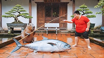 Capybara và Tí béo câu cá khổng lồ #capybara