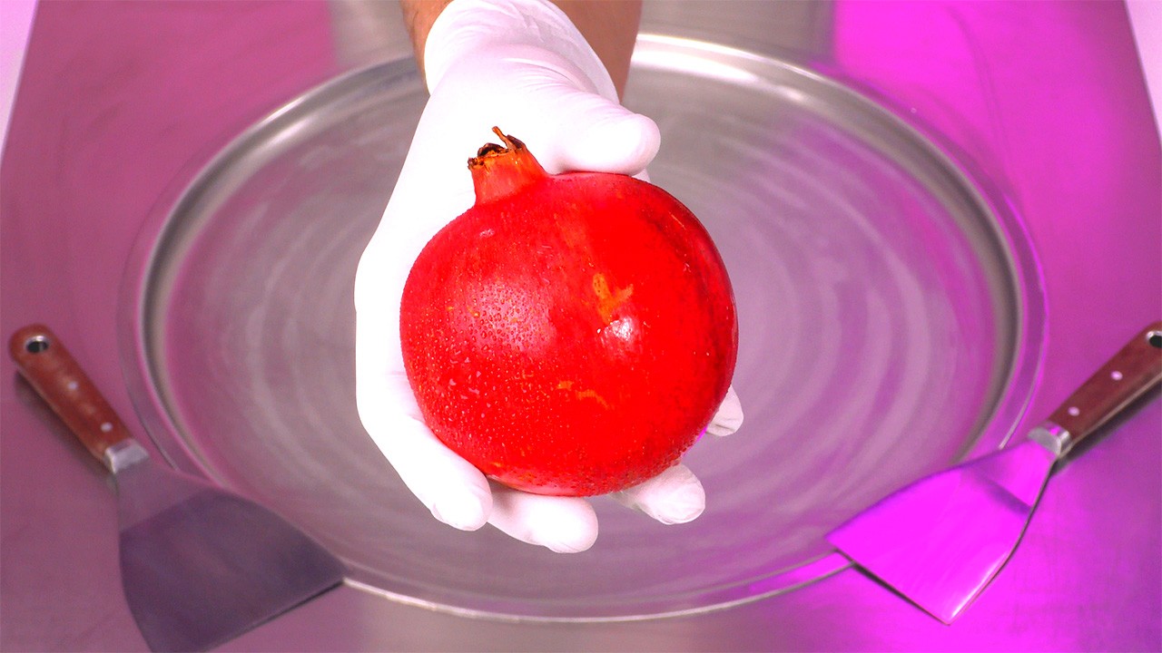 ASMR | Pomegranate Ice Cream Rolls - how to make a fresh Pomegranate to Ice Cream (oddly satisfying)
