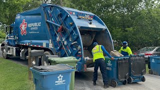 Republic Services Mack Granite McNeilus Rear Loader Garbage Truck Working Super Late in The Evening