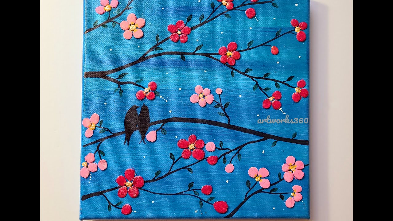 clay painting on canvascherry blossom paintingeasy clay paintingeasy