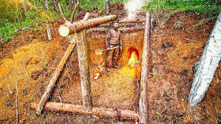 BUILDING a DUGOUT of SIX LOGS - PIT, WOODEN FRAME & CLAY FIREPLACE