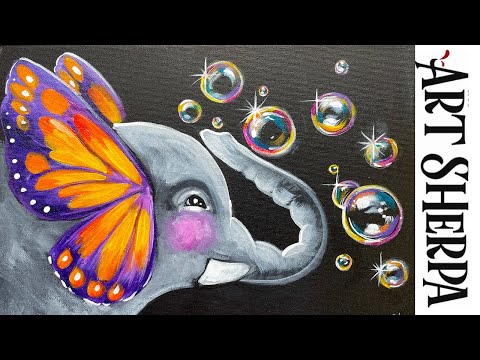 Easy Elephant Butterfly Ears Blowing Bubbles  How to paint  for beginners: Paint Night at Home
