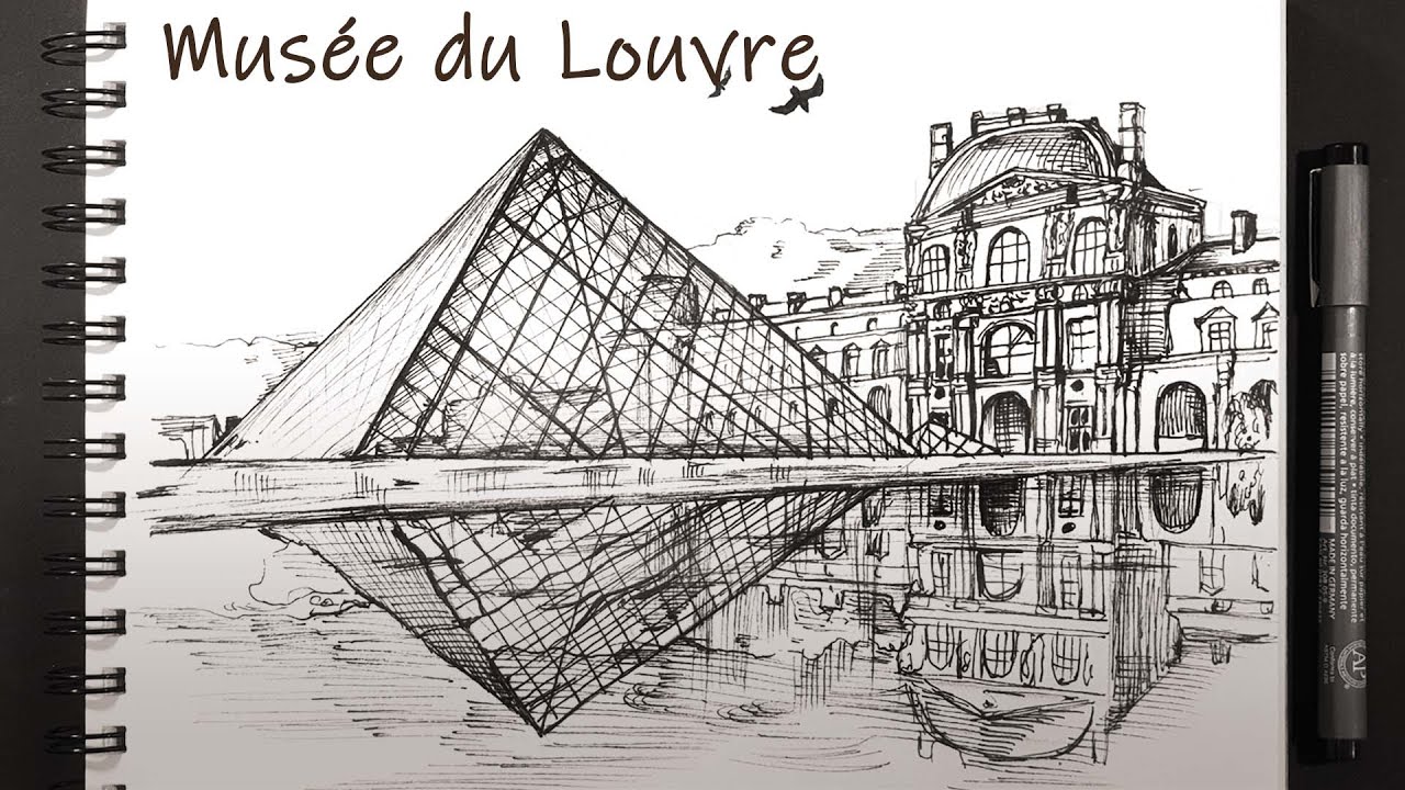 How to draw Musée du Louvre - pen drawing 