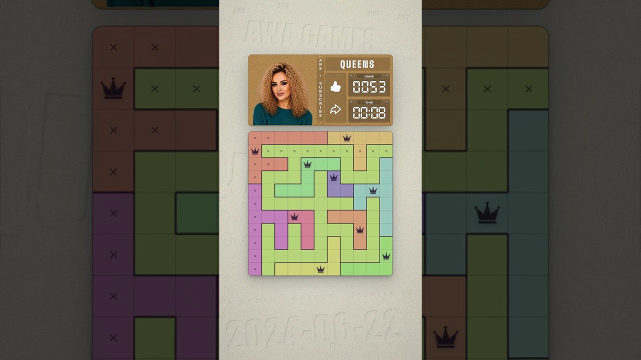 LinkedIn Queens #53 solved board for June 22, 2024, 11x11 grid