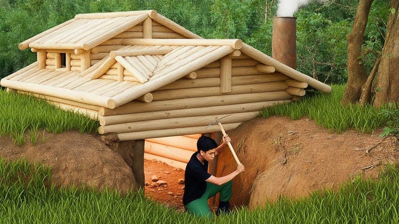 Build a cozy underground shelter with wood and bamboo, Bushcraft Alone ...