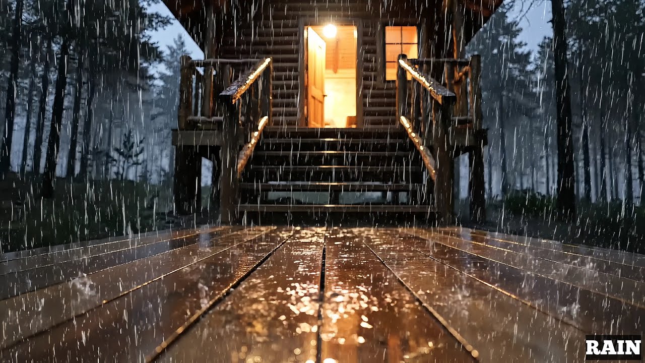 Heavy Rain on Cabin Stairs – Midnight Forest Rain for Sleeping (1 Hour)