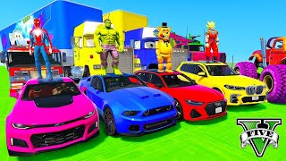 Spiderman Cars Color Stairs Rampa Sea Challenge ! Superhero Hulk Ironman Muscle Cars Race - Gta V