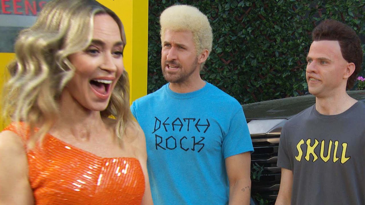 Ryan Gosling and Mikey Day surprise Emily Blunt during interview as Beavis and Butt-Head