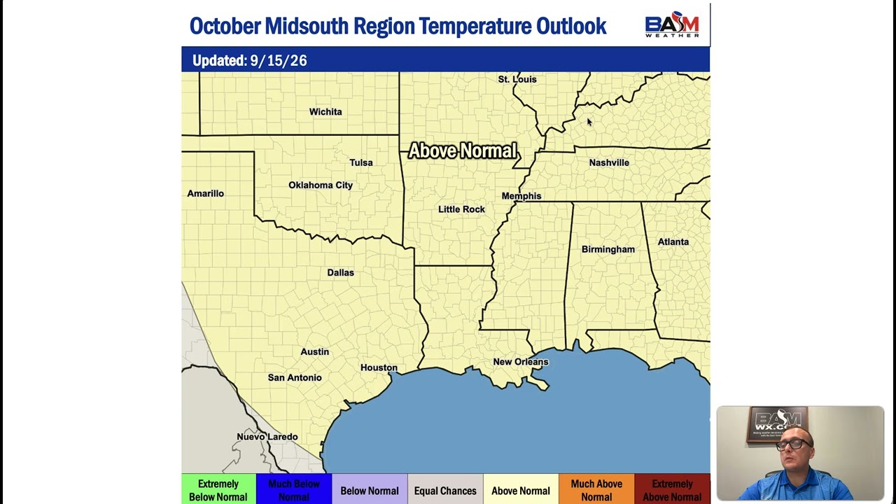 Midsouth region October temperature outlook 2026