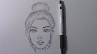 Topuz Saçlı Kolay Güzel Kız Porte Yüz Çizimi Nasıl Çizilir - Easy Girl Face Drawing