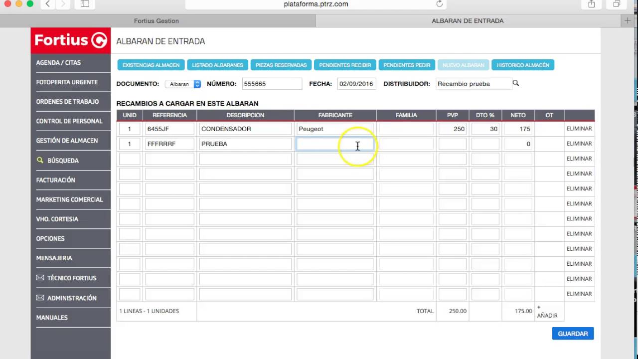 Gestión de recambio en presupuesto con GT motive - Software de gestión de talleres Fortius