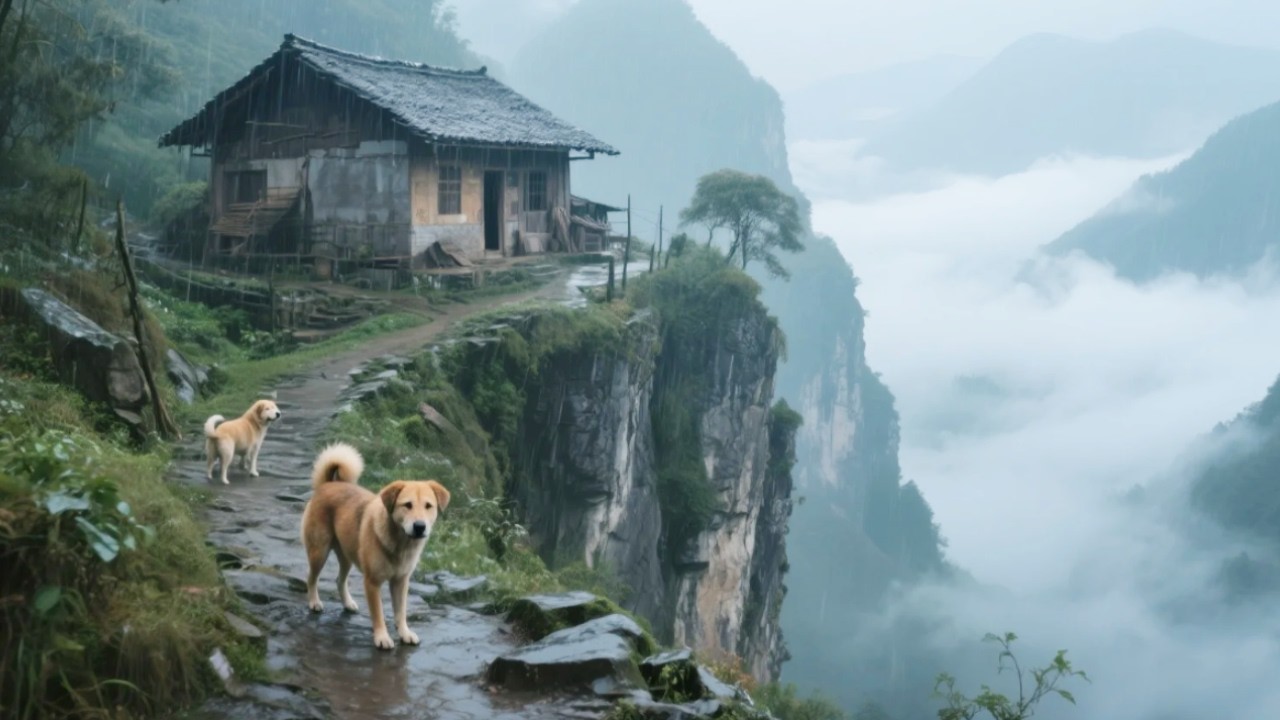 深山悬崖上的独户人家，独揽绝美山水画卷，两条忠犬看家，好似一处桃源仙境 ！【乡村阿泰】