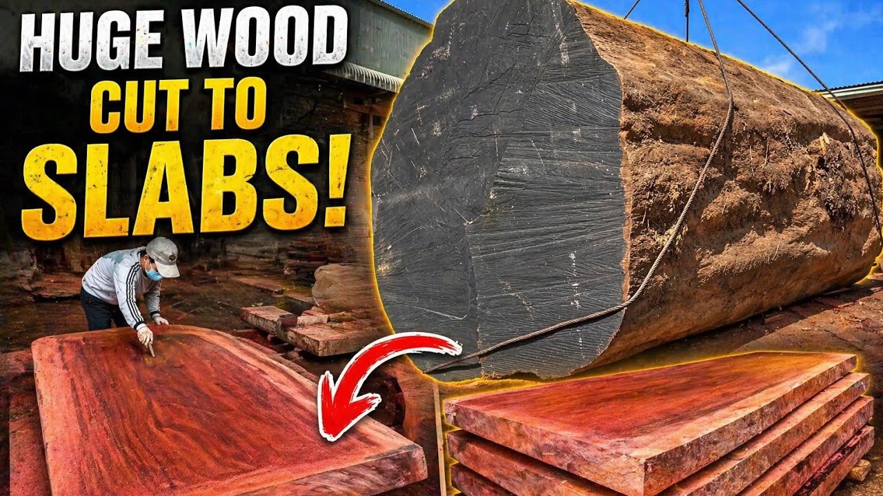 Huge Tree Trunk Cut Into Giant Wood Slabs | Amazing Sawmill Process ...