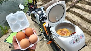 移動中にご飯を炊きながら双子卵を買って究極の卵かけご飯を作るソロツーリング