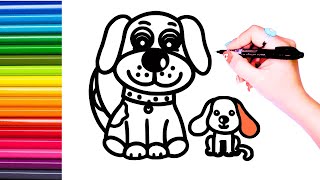 How to draw a cute and easy Momy dog and puppy : Easy drawing for kids and Toddlers 🐕🐶🐶🦴🦴