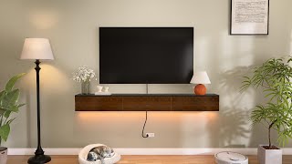 Vintage Walnut Wall Mounted Tv Cabinet Solid Wood Veneer Floating Tv Stand With Storage