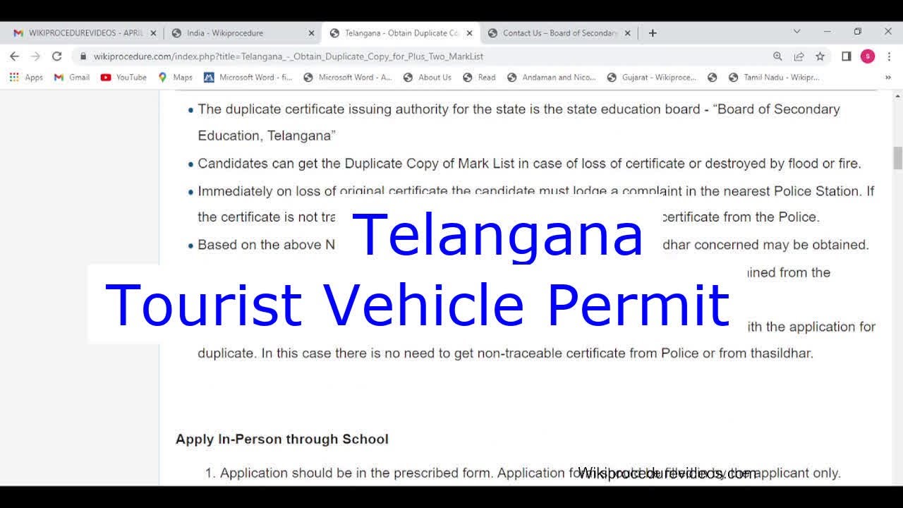 Telangana - Apply Online for Tourist Vehicle Permit (Jeep/Omni/Car) (Online)