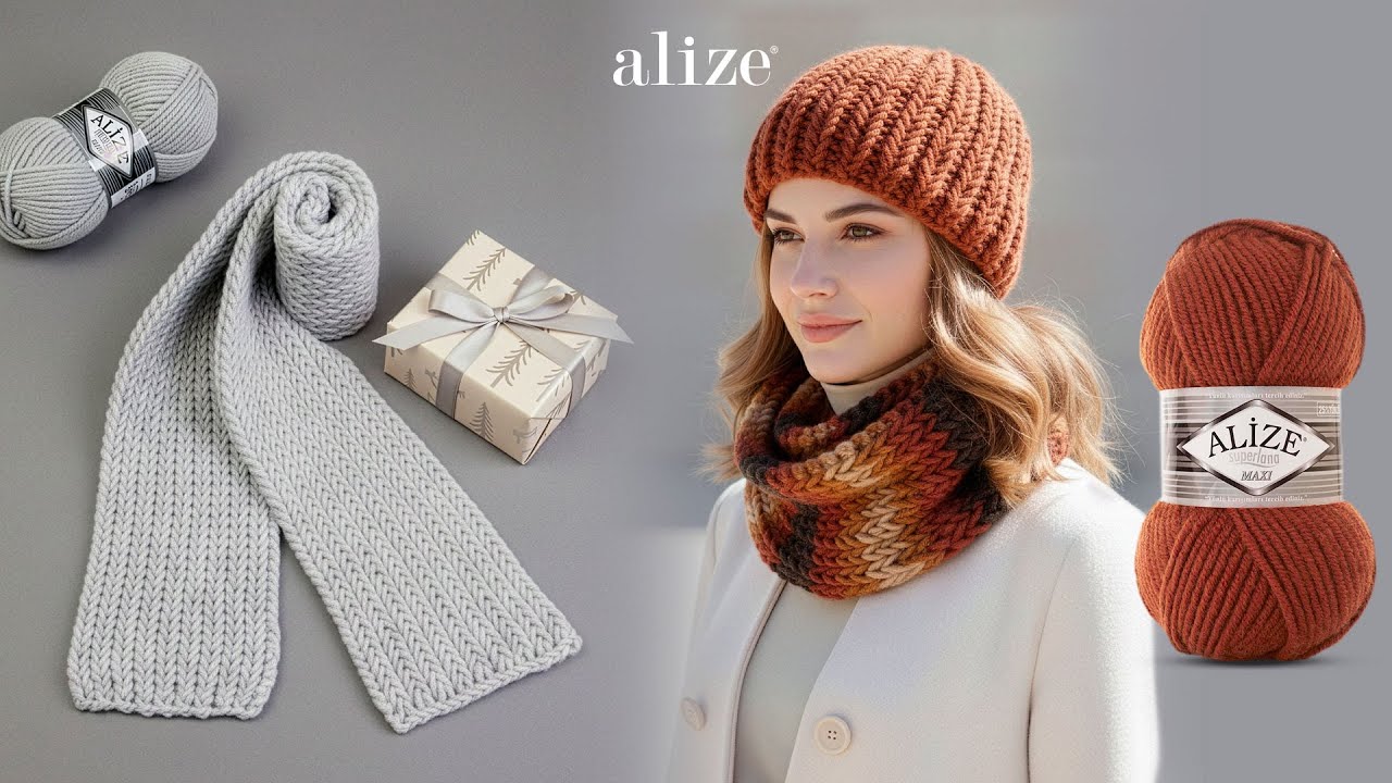 Шарф и шапка в елочку из пряжи Alize Superlana Maxi и Alize Superlana Maxi Batik