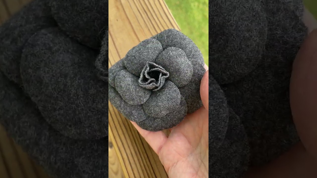 Vintage Coco Chanel Gray Felt Camellia Flower Brooch Pin Made in France 