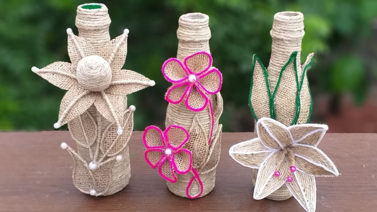 3 Simple Bottle Decoration Ideas With Jute Rope Jute Burlap Bottle Decoration Ideas Youtube youtube