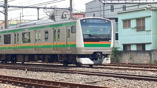 JR東北本線E233系3000番台E-71編成＋E231系1000番台K-15編成1586E普通古河行き　根岸踏切通過