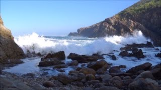 1 hour video of ocean waves breaking on a rocky beach at sunrise - HD 1080P
