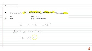 In an acute angled `DeltaABC` , if `tan(A+B-C) = 1 and sec(B+C-A)=2 and . Then value of A is: