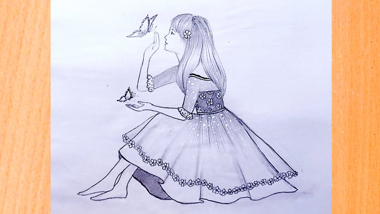 How to draw a Girl with Butterfly How to draw easy sitting girl Cute Girl drawing Easy