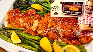 Air Fried Salmon Fillets NINJA FOODI XL PRO AIR OVEN using 2 Level cooking Baby Broccoli Asparagus