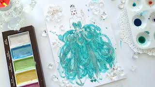 Painting a dress in Tiffany Blue, embellished with crystals. Watercolour painting tutorial