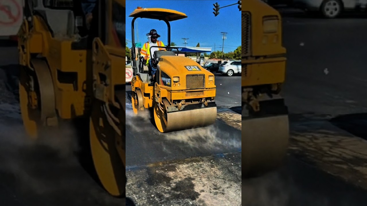 compacting newly poured asphalt