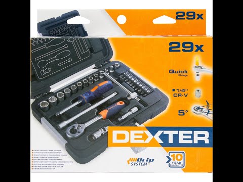 Распаковка набора торцевых головок Dexter, 29 предметов, в кейсе из гипермаркета Леруа Мерлен.