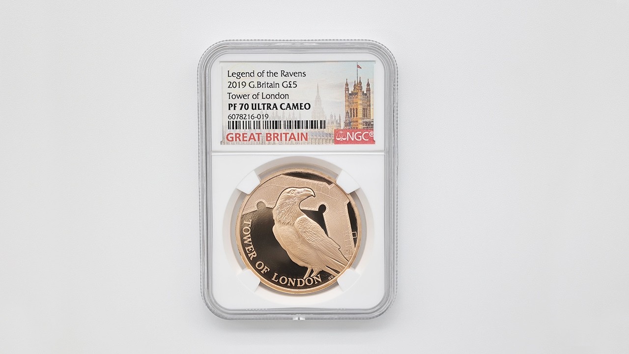 2019 英国 ロンドン塔コインコレクション ワタリガラス 5ポンド 金貨 プルーフ NGC PF 70 UC 最高鑑定 完全未使用品 元箱付 イギリス 金貨 6078216-019