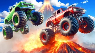 Driving MONSTER TRUCKS to a Volcano to Escape a Flood in BeamNG Drive Mods!