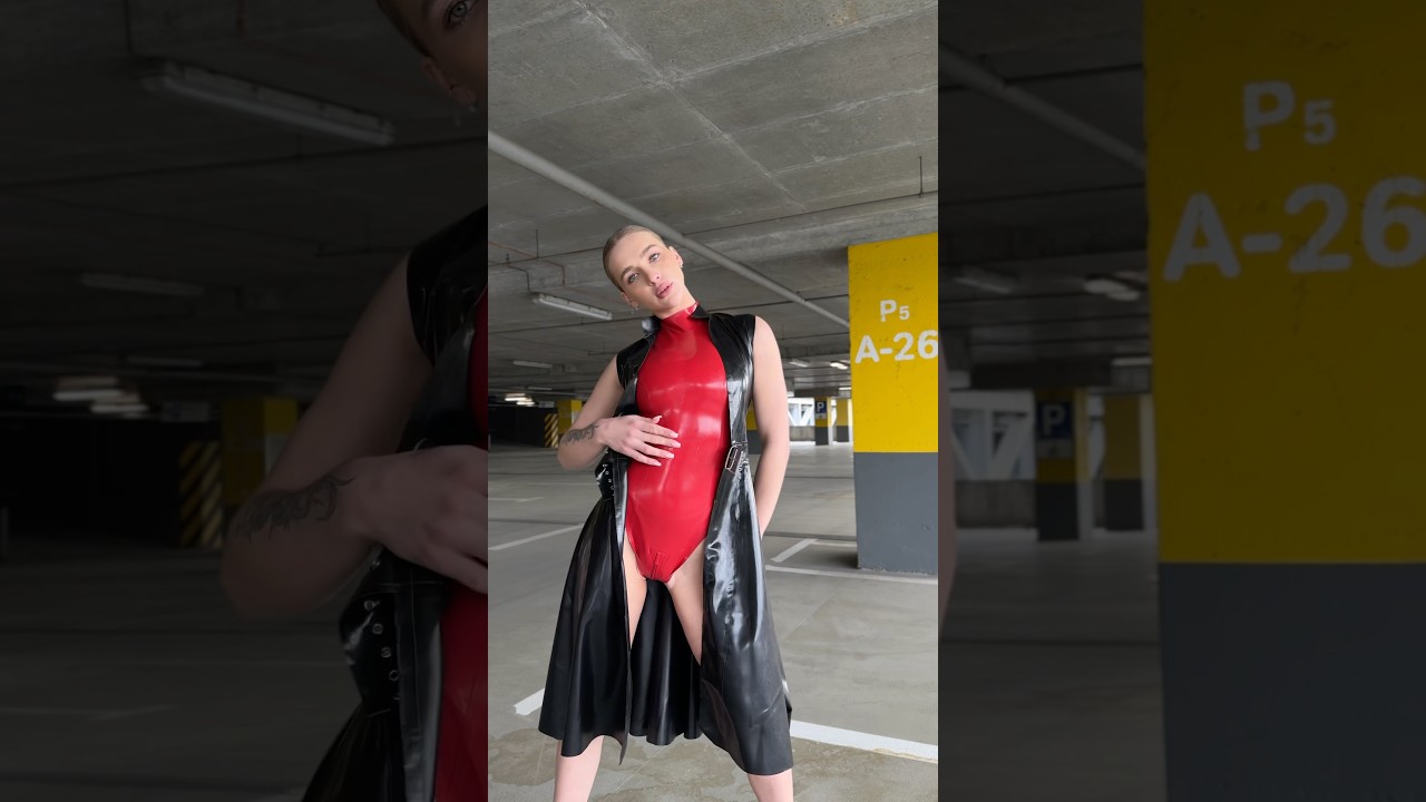 Latex Red Bodysuit and Black Latex Cape 