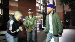 Pharrell Williams, Justin Timberlake, and Mette Towley dancing in the streets💥