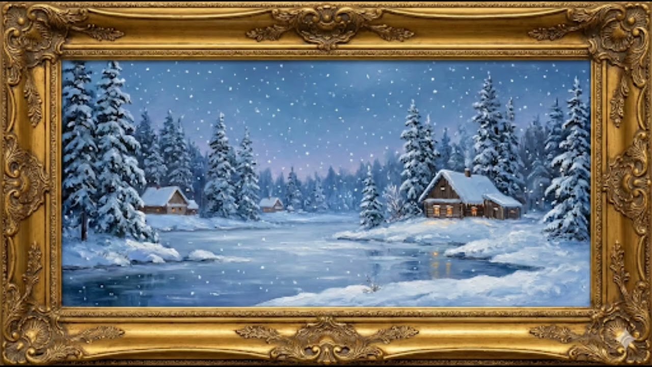 Snowy Forest Night with Warm Cabin Lights – 4K Winter Wallpaper for Smart TV