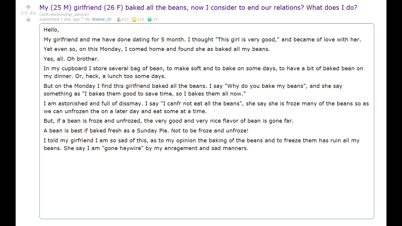 the r/relationship_advice post about beans - YouTube