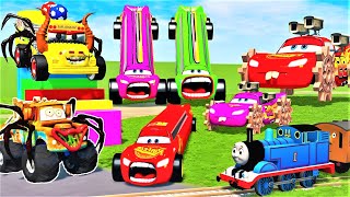 Long Cars vs Funny Cars and Big \& Small: Mcqueen with Spinner Wheels vs Thomas Trains - BeamNG