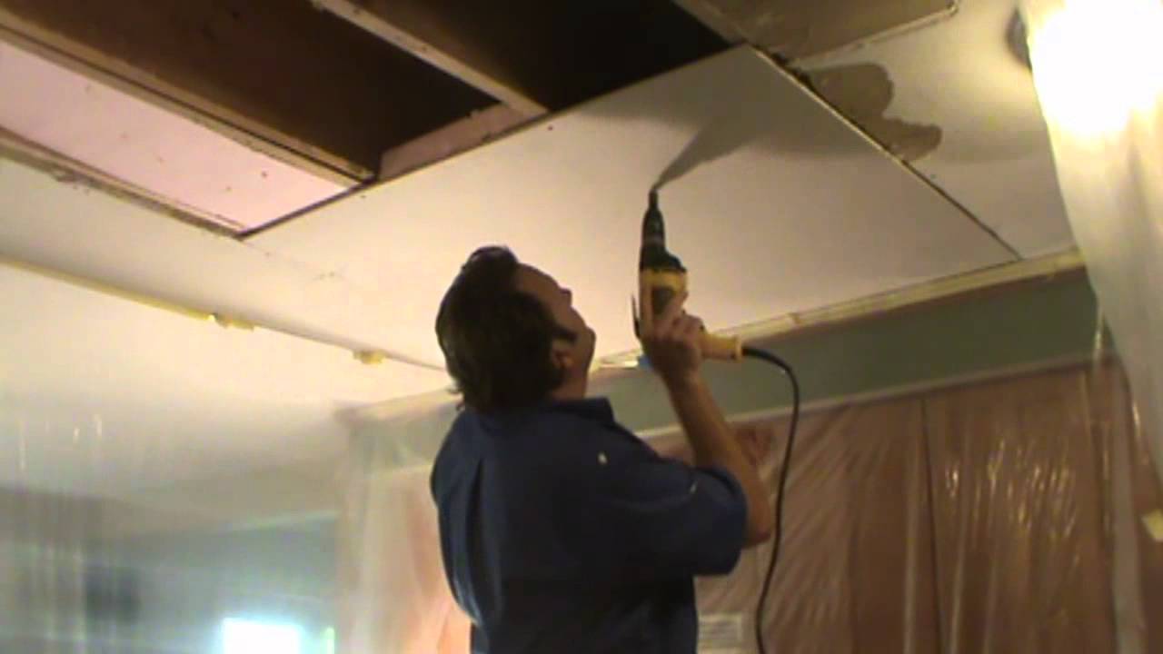 Installing The First Sheet Ceiling Drywall Water Damage Repair