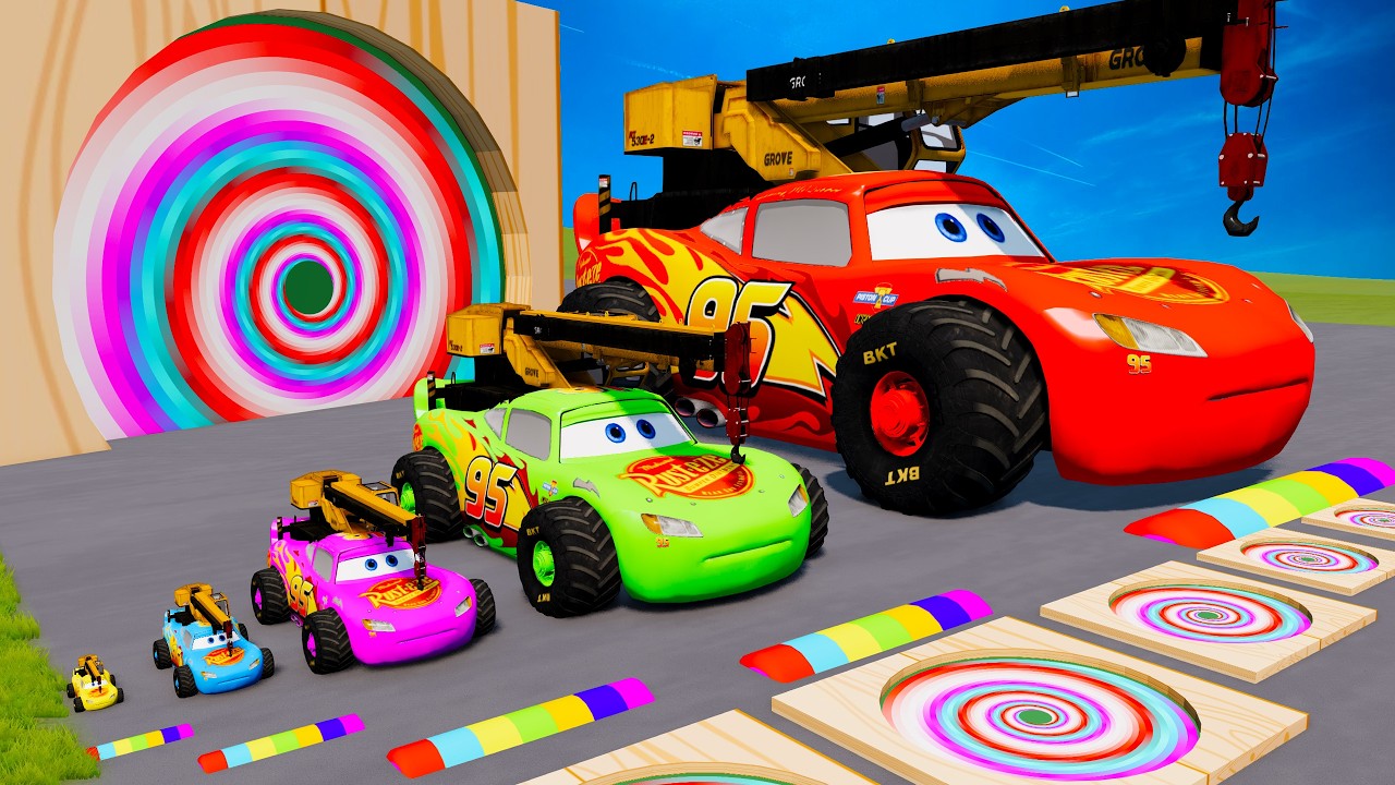 Big & Small Red Mcqueen Crane VS Train Thomas - Funny Cars vs Fat Cars | BeamNG.drive