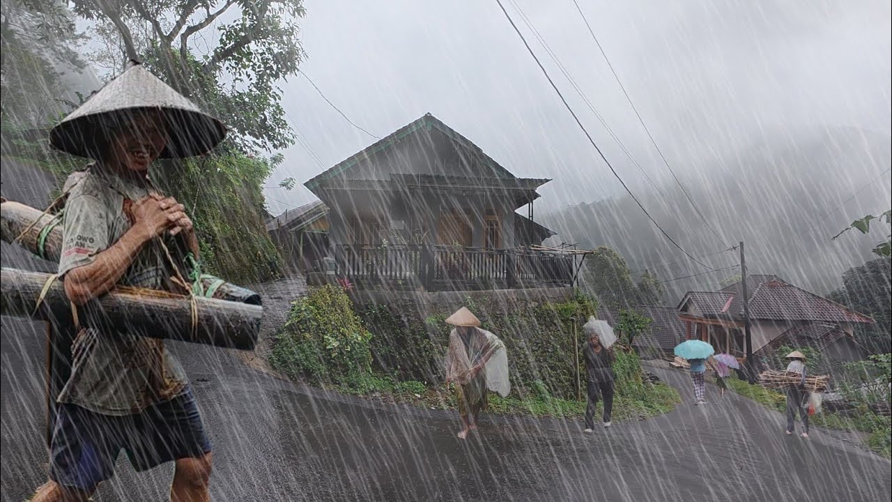Heavy Rain Strong Winds and Lightning hit Mountain Villages | Walk in ...