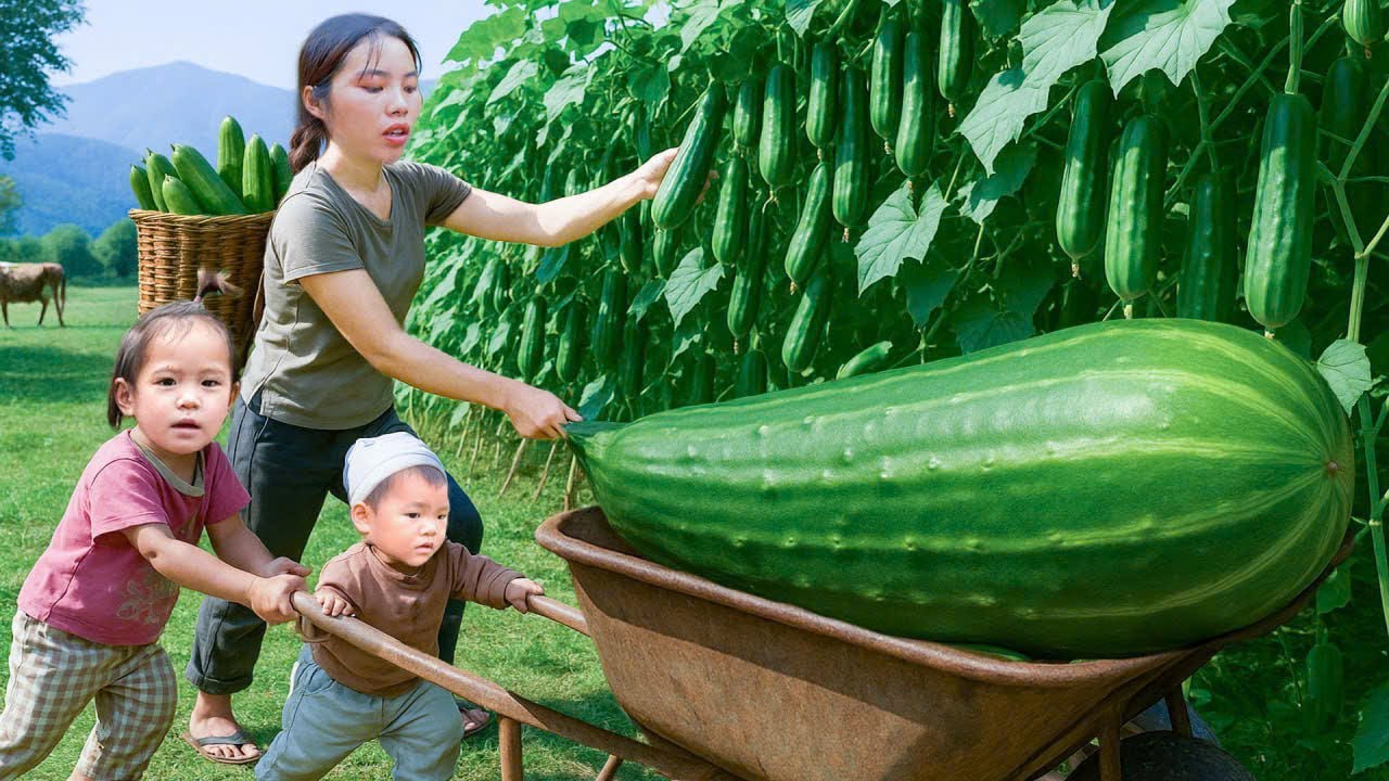 單親媽媽在瓜園裡收割瓜果、採摘薑黃、捕捉大魚、建造木筏屋、為豬做飯並照顧兩個孩子