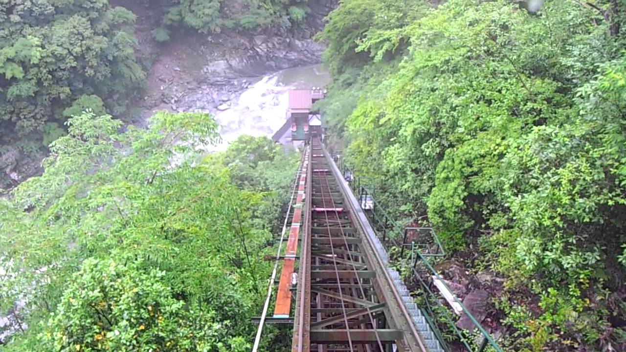 祖谷温泉のケーブルカーで谷底の露天風呂へ